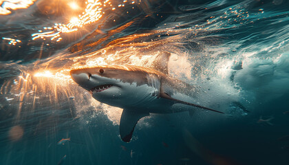 Shark in the sea wave badge photo style digital illustration. Digital artistic raster bitmap illustration.  AI artwork. 