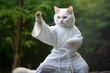 Karate Master Cat dressed in white practice uniform showcasing Karate skills in forest. White cat practicing Martial Arts. Call for harmony, balance, spirituality and self-development. Humorous