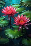 Fototapeta Paryż - red lotus lilies flowers in pond over water,