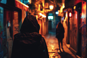 Man in Hood Following Alone Woman at Night Dark Street