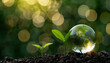 Glass ball mockup of planet Earth lying on black ground next to growing fresh plants. Concept of green energy, eco-friendly. background with empty space for text, presentation product. Generative AI