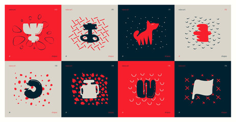 Aufkleber - Set of compositions from silhouettes minimalistic bizarre childish abstract unusual shapes and texture in matisse art style, Hand drawn red color playful naive geometric forms, vector art set 3