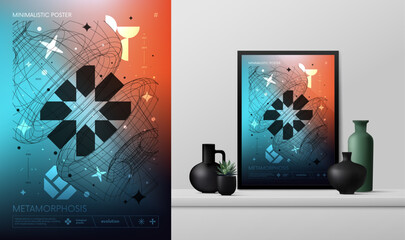 Fototapete - Vector gradient minimalistic rave Poster with strange wireframes graphic assets of geometrical shapes Y2K design inspired by brutalism and mockup in the interior, cyber neo futuristic style