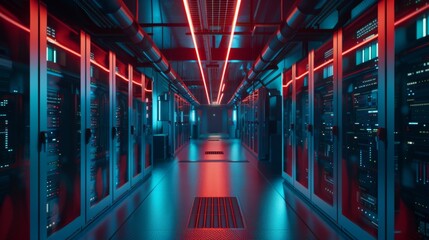 Poster - Futuristic Data Center Hallway Illuminated by Red and Blue Lights