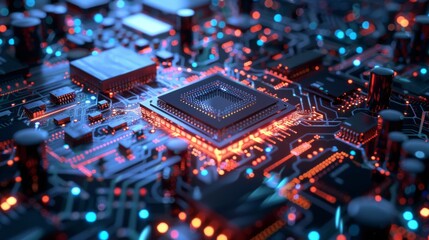 Poster - Close-Up View of Circuit Board and Microprocessor at Night