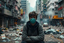 A Man Wearing A Mask Sits On The Ground In A City. War And Financial Crisis Concept
