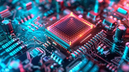 Poster - Close-Up of Glowing CPU on a Motherboard