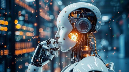 Poster - Futuristic Robot With Human Features in a Data Center