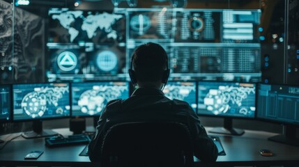 Poster - Cybersecurity Professional Monitoring Network Activity at Night