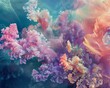 A vibrant digital artwork depicting a cosmic coral reef floating in a nebula space. The colorful corals ethereal glow create a surreal and captivating seascape, perfect for fantasy, underwater,space