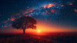 A beautiful painting depicting a sunset over,
A painting of a starry sky with stars and a tree with the words star trails
