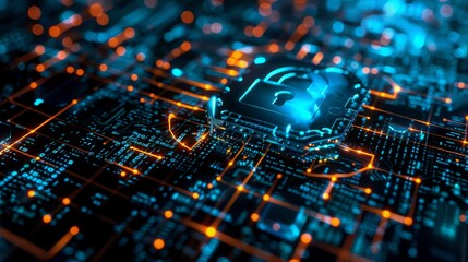 Poster - Glowing Cybersecurity Lock on Circuit Board at Night