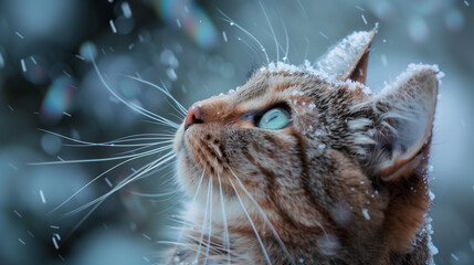 Wall Mural - A cat with a green eye is looking out into the snow