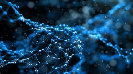 Poster - Intricate Network of Glowing Blue Particles in Darkness