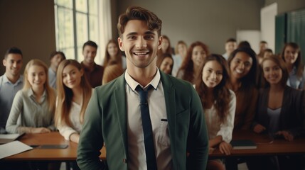 Successful male student with group of college students at classroom of university.