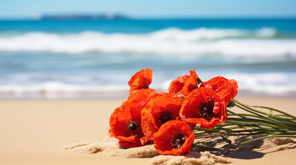 Wall Mural - red flowers on the beach