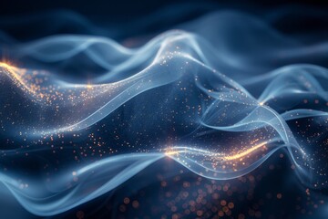 Poster - Dynamic waves with a glowing blue aesthetic and floating particles creating an enchanting visual