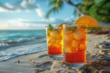 A Close-up Showcasing Two Vibrant, Icy Cold Drinks Garnished With Orange Slices On A Sandy Beach, Highlighting The Allure Of Tropical Destinations