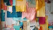 Direct shot of a vibrant mixed media collage featuring various textiles and papers with diverse textures and colors on an eclectic wall..