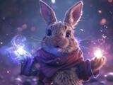 Fototapeta  - A clever cartoon bunny performs enchanting illusions against a mystical purple backdrop for a whimsical entertainment experience.