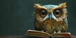 © Kanisorn - Reflective cartoon owl reading a book, deep forest green background for wisdom and learning themes.