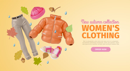 Sticker - 3d Autumn Women Clothing Collection Ads Banner Concept Poster Card Hat, Jeans and Down Jacket. Vector illustration of Floating Objects