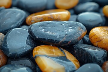 Poster - Close up of wet, smooth pebbles with contrasting colors and water droplets, ideal for backgrounds and textures