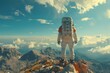 An astronaut in a space suit stands on a high mountain peak gazing over a sea of clouds against a clear sky, signifying exploration and adventure