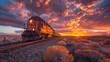 A train is traveling down a track with a beautiful sunset in the background