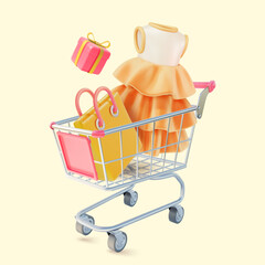 Poster - 3d Metal Shopping Cart with Paper Bag, Gift Box and Female Dress Cartoon Design Style Online Concept. Vector illustration