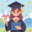 illustration of female college graduate in a graduation gown and cap holding diploma in flat design style