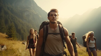 a candid photo of a family and friends hiking together in the mountains in the vacation trip week. s