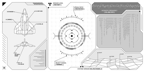 Leinwandbilder - VR HUD futuristic control panel. Technology head up display target and UI command center screen. GUI digital virtual reality interface hi tech visor design. FUI Sci Fi spaceship cockpit eps dashboard