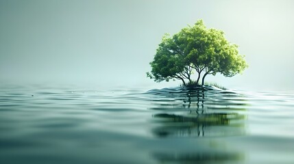 Serene Waters Embrace a Lone Tree - A Vision of Nature's Harmony. Concept Nature Photography, Tree Reflection, Calm Waters, Serenity, Harmony
