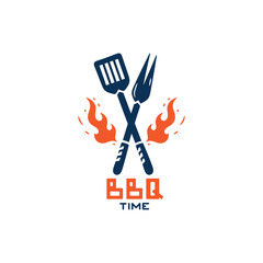 Wall Mural - BBQ Time. Grill Tools with Fire Flames. Barbecue Fork and Spatula. Vector illustration.