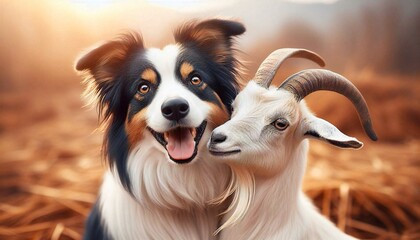 Wall Mural - Border collie and goat on the farm