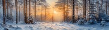 Panoramic View 32:9 Landscape Sun Behind Pine Trees Full Of Snow In Winter In High Resolution And High Quality. WINTER CONCEPT, Snow, Trees, Panoramic