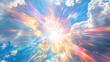 an explosion of brilliant light, radiating outward against a backdrop of clear blue sky and scattered white clouds.