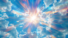 An Explosion Of Brilliant Light, Radiating Outward Against A Backdrop Of Clear Blue Sky And Scattered White Clouds.