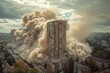 A mesmerizing view of a single building being engulfed by a massive dust cloud during its demolition
