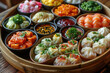 assorted asian dumplings and sushi served in a bamboo steamer, colorful gourmet appetizers