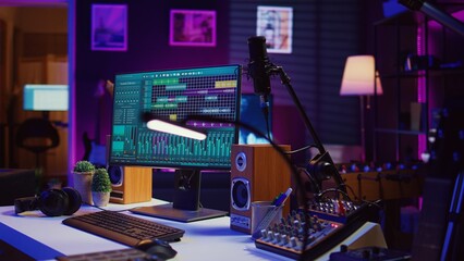 Poster - Empty creative space recording tunes and soundtracks with electronic tools, mixing and mastering in music industry. Home studio working with audio effects on songs, acoustics. Camera B.