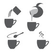 Preparing instant drink icon set, step by step instruction how to brewing instant coffee, make hot drink cooking direction, coffee cup icons, black isolated on white background, vector illustration.