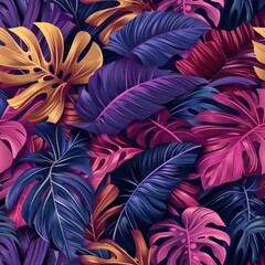 Wall Mural - This image features a dense, colorful arrangement of tropical leaves with a focus on hues of purple, blue, and pink, evoking a lush, exotic atmosphere