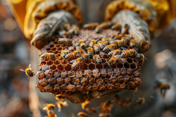 Poster - A beekeeper harvesting honey from buzzing beehives, appreciating the symbiotic relationship between humans and pollinators. Concept of sustainable beekeeping and ecological balance. Generative Ai.