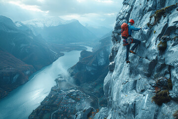 Wall Mural - A climber ascending a sheer rock face, feeling a sense of exhilaration and freedom in the vertical world of mountains. Concept of rock climbing and adventure sports. Generative Ai.