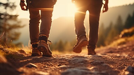 Hikers walking in fores in sunset light. Detail on hiker shoe rear view. copy space for text..