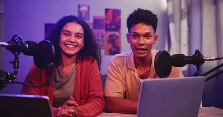 Poster - Video, man and woman in live stream with mic, conversation and hosting online radio talk show in home. Interview, broadcast and happy people vlogging with microphone chat, tech and content creation