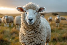 A Lone Sheep Looks Directly At The Camera With A Background Of A Grazing Flock During The Golden Hour, Highlighting Its Woolly Texture And Curious Demeanor
