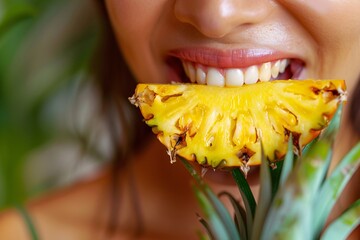 Wall Mural - High-definition close-up of a woman enjoying a bite of tangy pineapple